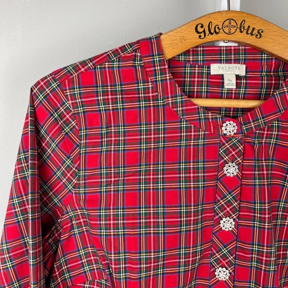 Talbots Petites Red Tartan Plaid Popover Shirt Top Womens‎ MP Holiday Christmas